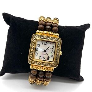 Japan Movt Mother of Pearl Face w/ Wooded & Gold tone Beads Stretch Watch